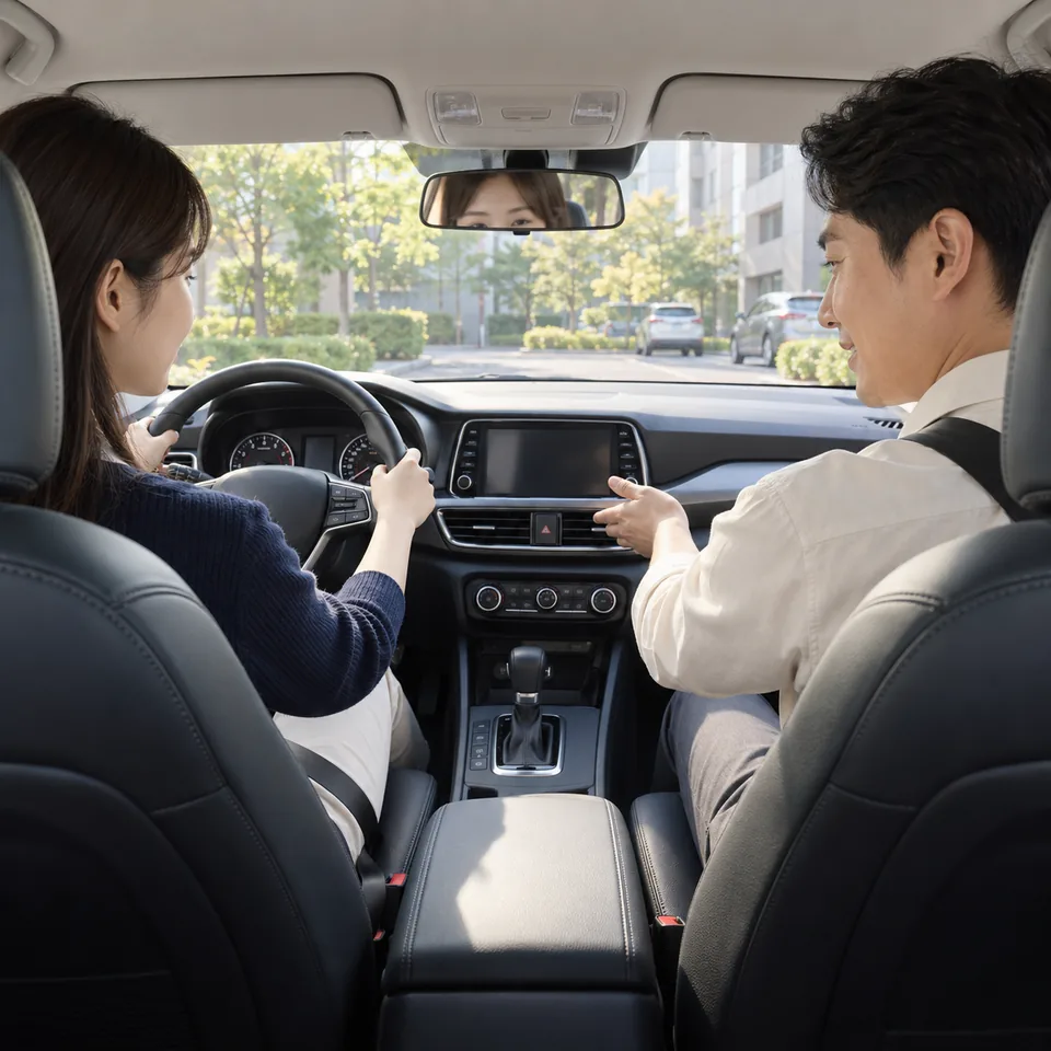 좌측 운전석과 오른쪽 강사가 출발 전 조작을 함께 확인하는 모습 · 자차운전연수 안내용 AI 예시