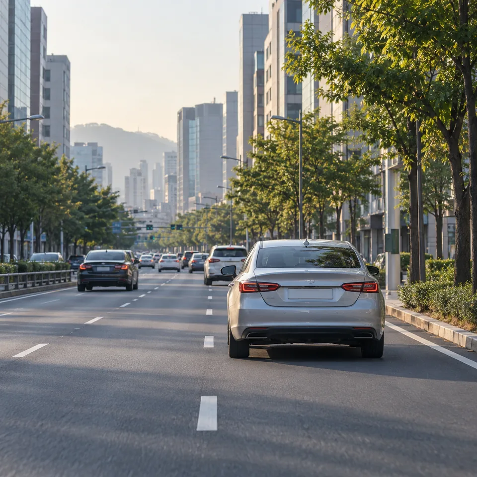 생활도로에서 목적지 방향의 차로를 따라가는 차량 예시 · 출퇴근운전연수 학습 안내용 AI 예시
